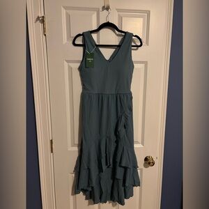 HALARA Women's V-Neck Pocket Ruffle Teal Midi Dress